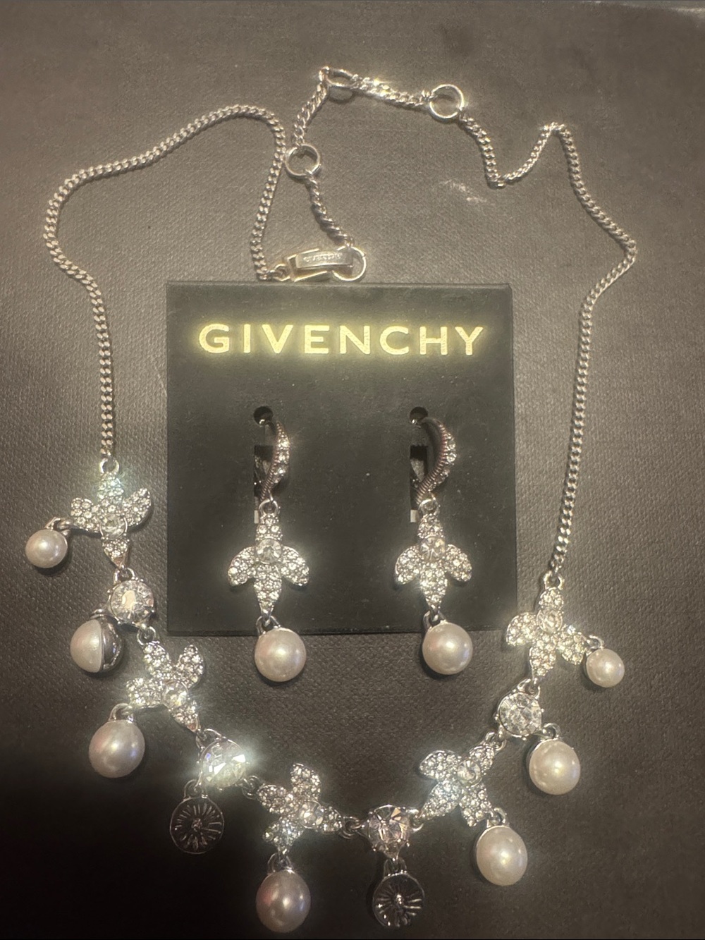 Givenchy birds Silver Crystal & Pearl Drop Necklace with Matching Earrings